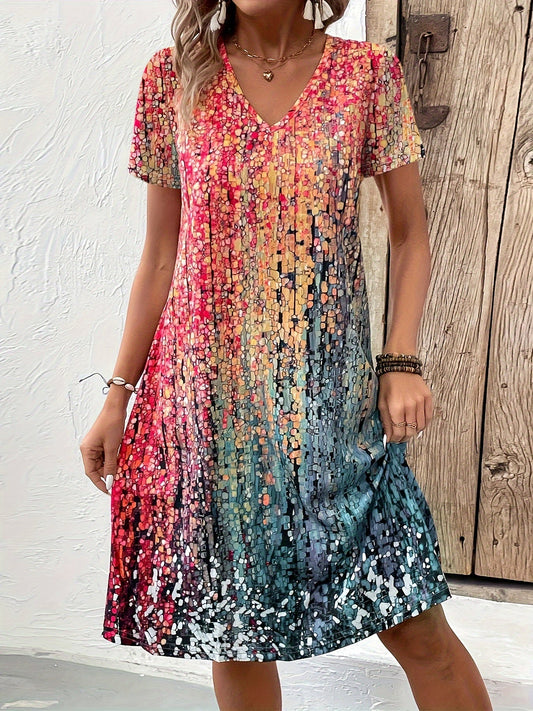 Robe midi femme – Coupe ample – Col en V – Manches courtes – Tissu respirant à motifs