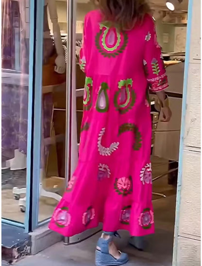 Robe Femme Longue Élégante - Coupe Évasée - Col Chemise - Manches Longues Imprimé Graphique