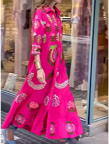 Robe Femme Longue Élégante - Coupe Évasée - Col Chemise - Manches Longues Imprimé Graphique