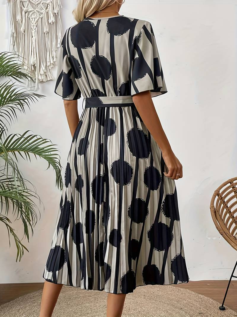 Robe Midi Femme - Cache-Cœur Élégant - Manches Courtes - Taille Ceinturée - Motif Moderne