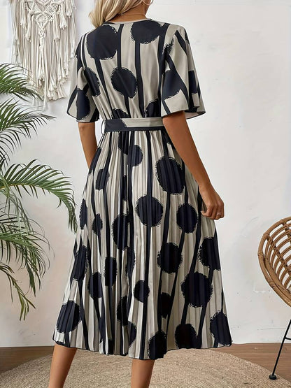 Robe Midi Femme - Cache-Cœur Élégant - Manches Courtes - Taille Ceinturée - Motif Moderne