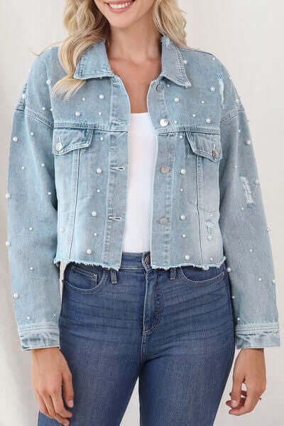 Veste en jean femme – Coupe décontractée – Ourlet effiloché – Détail perles