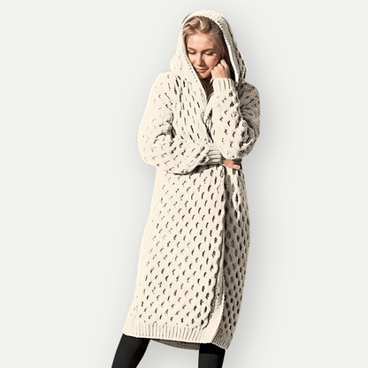 Veste longue femme à capuche – Coupe décontractée – Tricot torsadé – Ouverture frontale