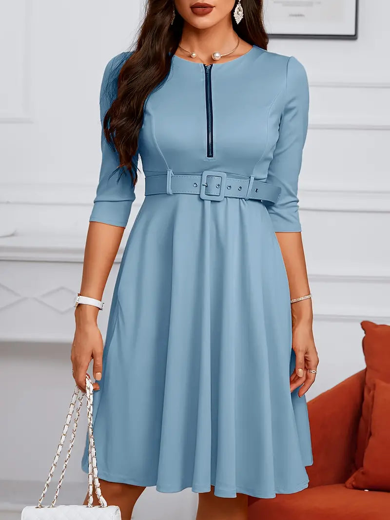 Robe Femme A-Ligne - Longueur Genou - Manches 3/4 - Col Rond avec Zip - Ceinture Ajustable