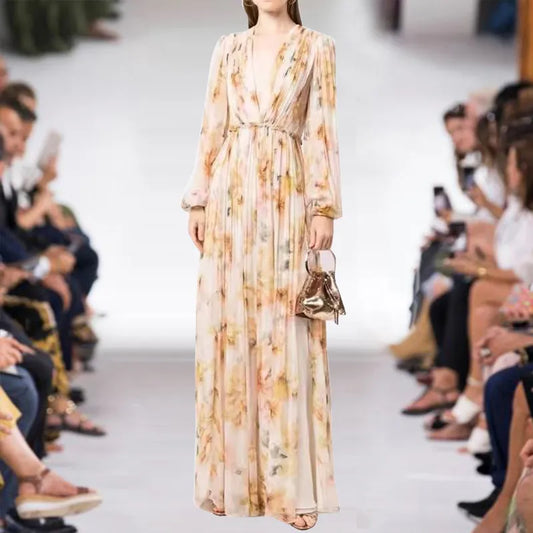 Robe Maxi Femme - Tissu Léger Fluide - Col V - Manches Longues - Motif Fleuri