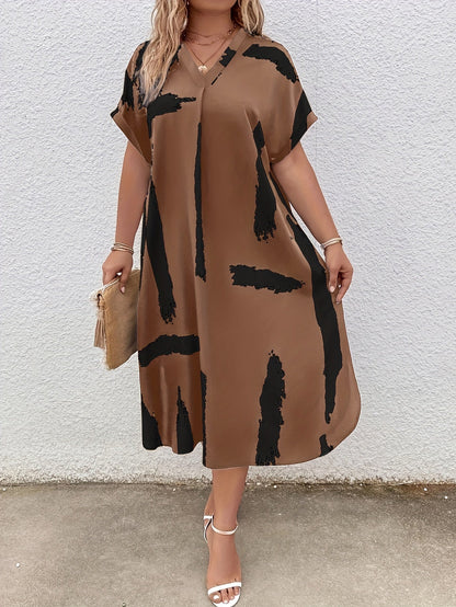 Robe Midi Femme - Coupe Ample - Manches Courtes - Col V Élégant - Motif Artistique