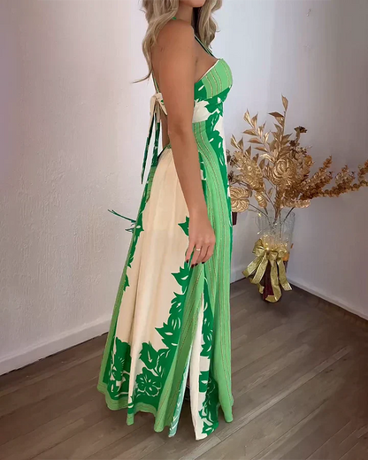 Robe Longue Femme – Décolleté Halter Croisé – Fente Latérale – Imprimé Feuillage