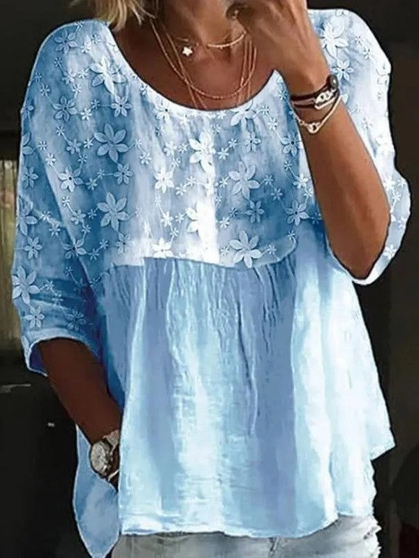 Chemise femme ample – Tissu respirant – Col rond – Broderie dentelle florale