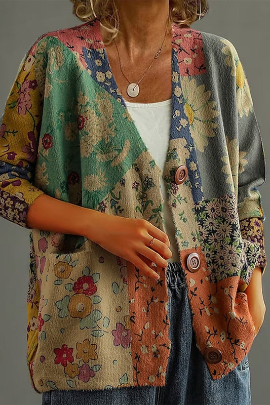 Cardigan femme – Maille douce – Coupe ample – Décolleté en V – Motifs patchwork floraux
