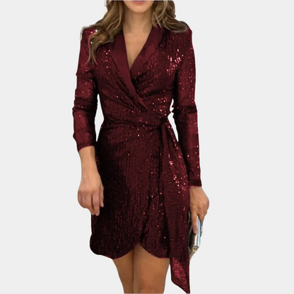 Robe Portefeuille Femme – Manches Longues – Décolleté V – Sequins Élégants – Ourlet Asymétrique