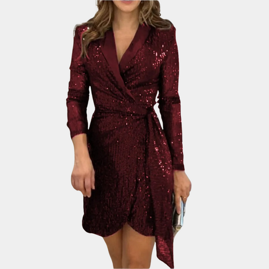 Robe Portefeuille Femme – Manches Longues – Décolleté V – Sequins Élégants – Ourlet Asymétrique