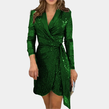 Robe Portefeuille Femme – Manches Longues – Décolleté V – Sequins Élégants – Ourlet Asymétrique