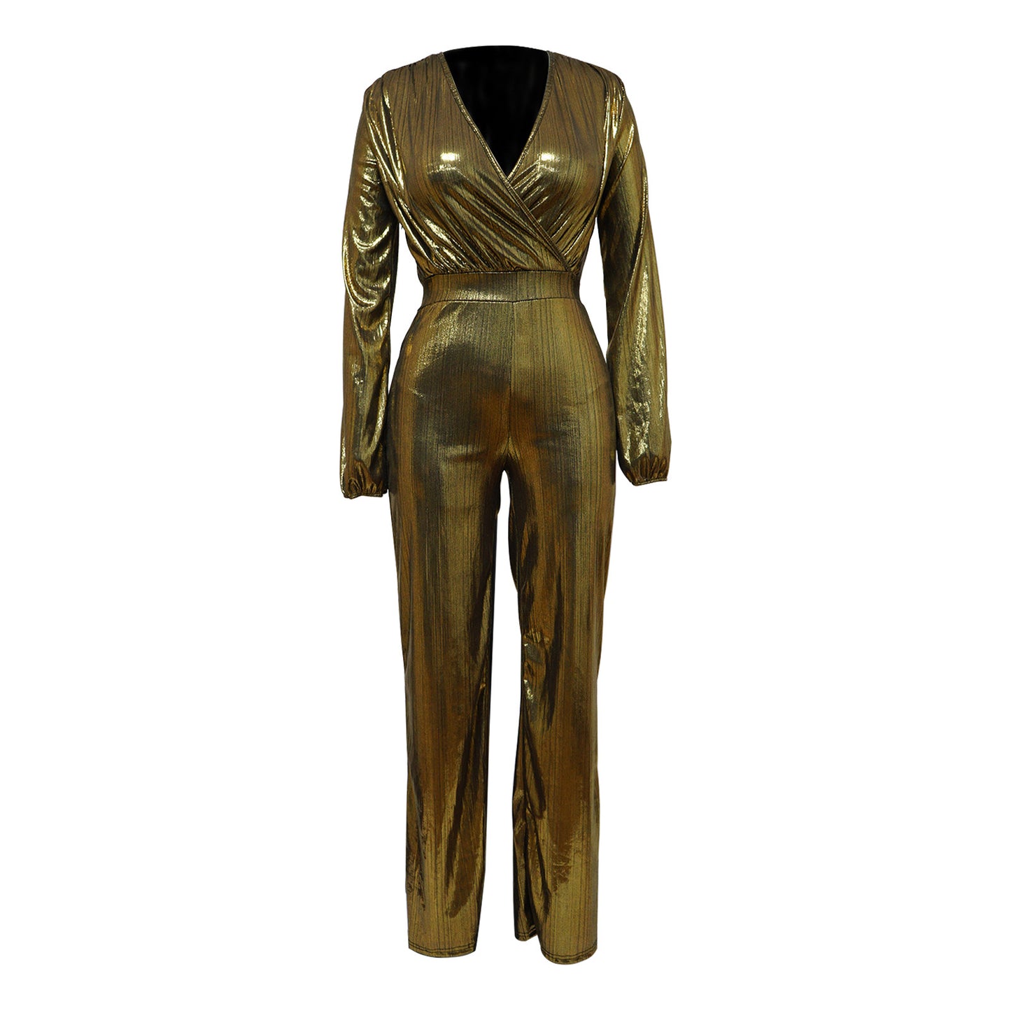 Combinaison femme - Col en V, manches longues - Jambe large - Finition métallisée brillante
