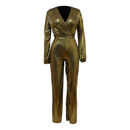 Combinaison femme - Col en V, manches longues - Jambe large - Finition métallisée brillante