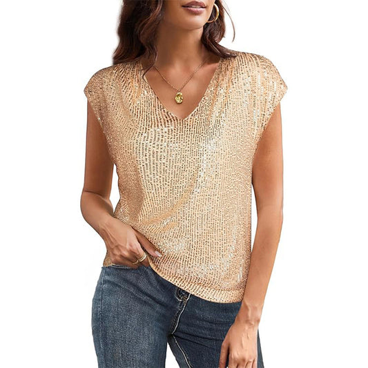 Haut femme doré à sequins – coupe fluide – décolleté V – manches courtes