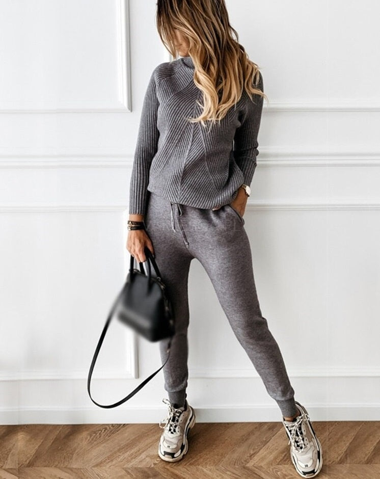 Ensemble de jogging femme – Coupe décontractée – Maille côtelée – Taille élastique