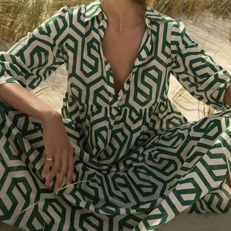 Robe femme longue – Manches longues – Coupe ample – Motif géométrique – Tissu respirant