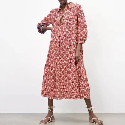 Robe femme longue – Manches longues – Coupe ample – Motif géométrique – Tissu respirant