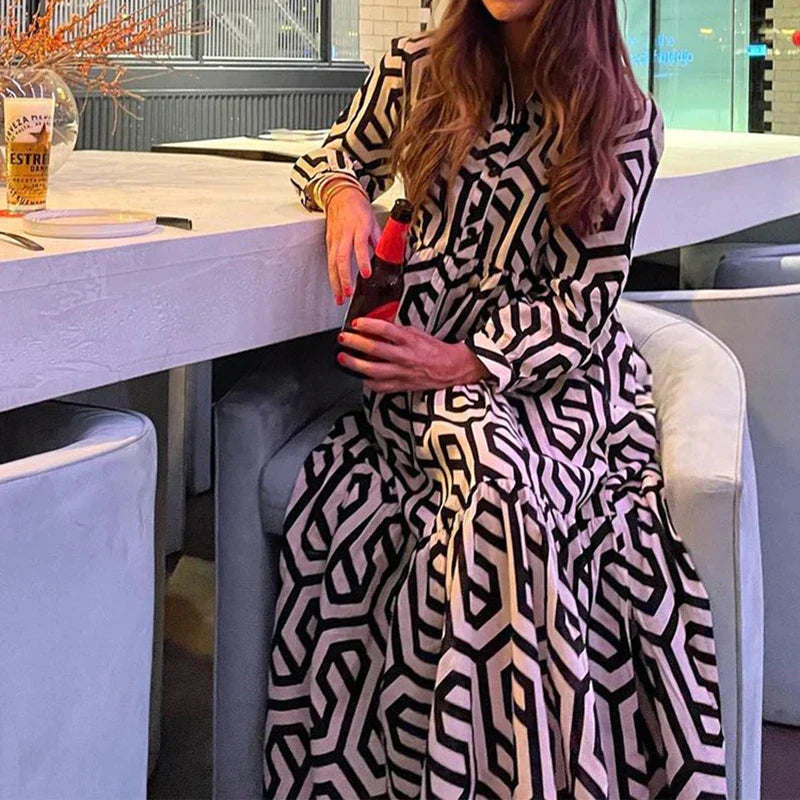 Robe femme longue – Manches longues – Coupe ample – Motif géométrique – Tissu respirant