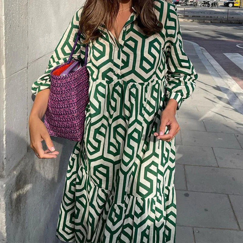 Robe femme longue – Manches longues – Coupe ample – Motif géométrique – Tissu respirant