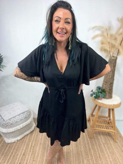 Robe Femme - Imprimé Fleuri - Coupe Évasée - Col V - Manches Courtes Volantes