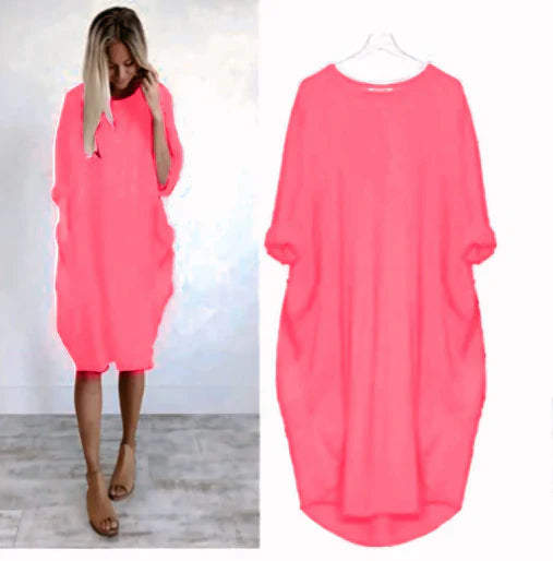Robe midi femme – Coupe large – Tissu respirant – Col rond – Poches latérales