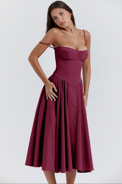 Robe midi femme – Coupe évasée – Corset structuré – Bretelles fines – Tissu léger