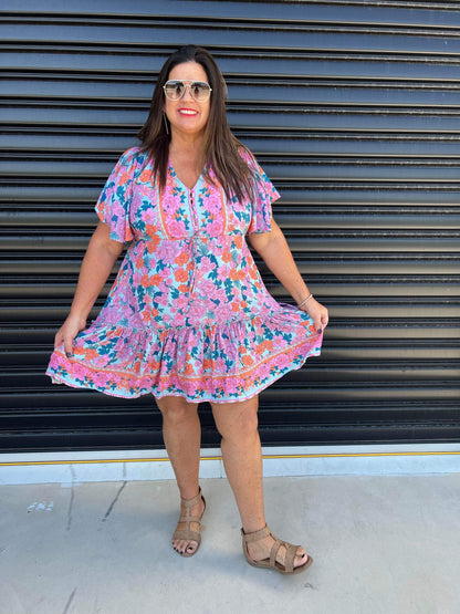 Robe Femme - Imprimé Fleuri - Coupe Évasée - Col V - Manches Courtes Volantes