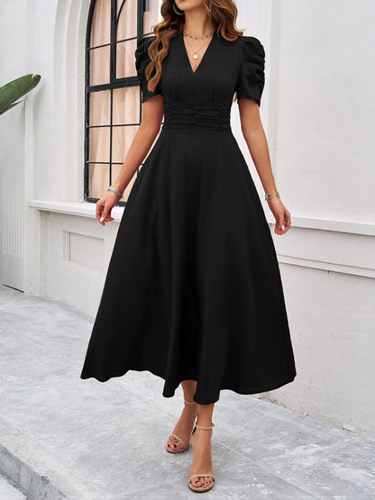 Robe Midi Femme – Décolleté V – Manches Bouffantes – Taille Cintrée – Coupe Évasée
