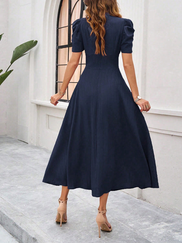Robe Midi Femme – Décolleté V – Manches Bouffantes – Taille Cintrée – Coupe Évasée