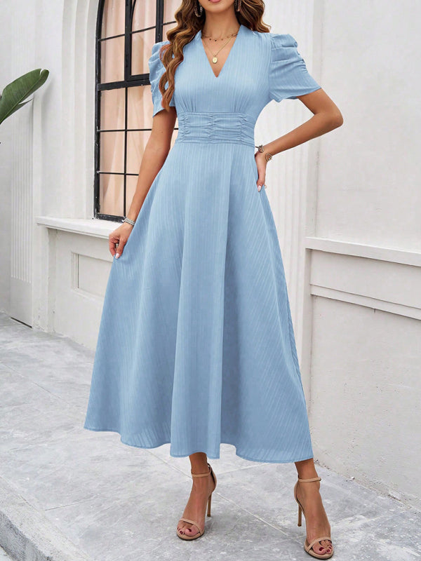 Robe Midi Femme – Décolleté V – Manches Bouffantes – Taille Cintrée – Coupe Évasée