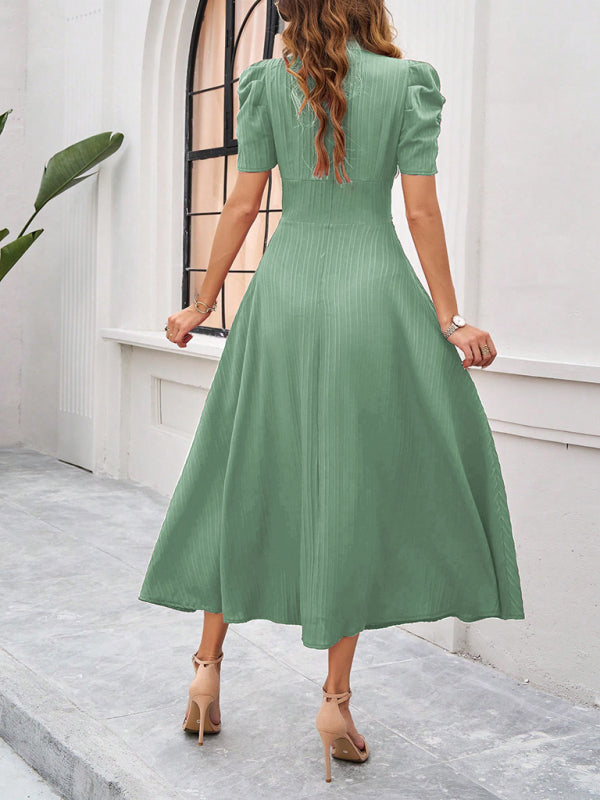 Robe Midi Femme – Décolleté V – Manches Bouffantes – Taille Cintrée – Coupe Évasée