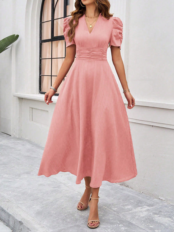 Robe Midi Femme – Décolleté V – Manches Bouffantes – Taille Cintrée – Coupe Évasée