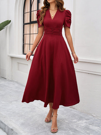 Robe Midi Femme – Décolleté V – Manches Bouffantes – Taille Cintrée – Coupe Évasée