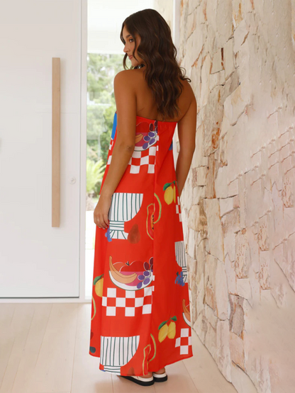 Robe Longue Femme - Sans Bretelles - Coupe Fluide - Motif Graphique Estival
