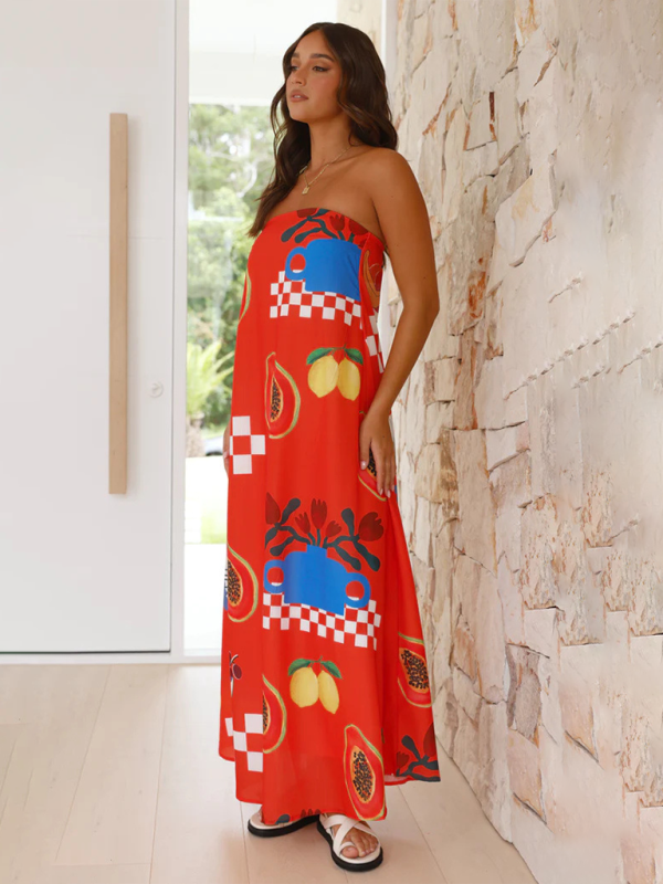 Robe Longue Femme - Sans Bretelles - Coupe Fluide - Motif Graphique Estival