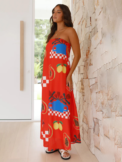 Robe Longue Femme - Sans Bretelles - Coupe Fluide - Motif Graphique Estival