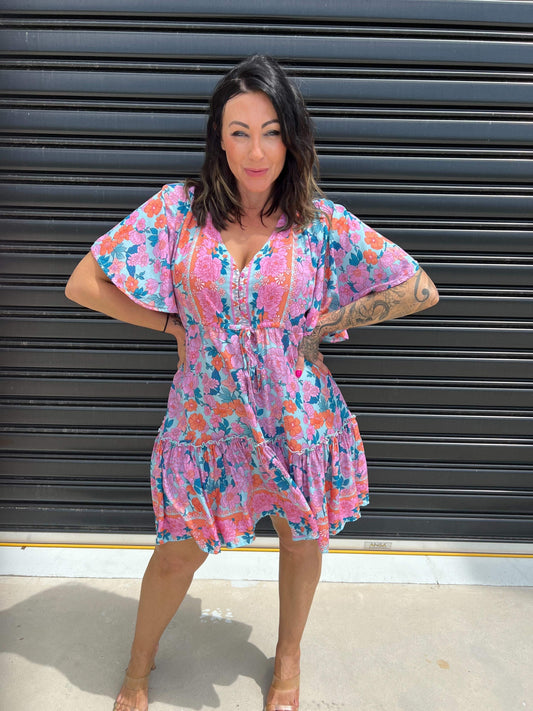 Robe Femme - Imprimé Fleuri - Coupe Évasée - Col V - Manches Courtes Volantes