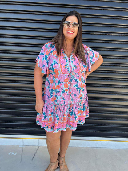 Robe Femme - Imprimé Fleuri - Coupe Évasée - Col V - Manches Courtes Volantes