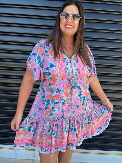 Robe Femme - Imprimé Fleuri - Coupe Évasée - Col V - Manches Courtes Volantes