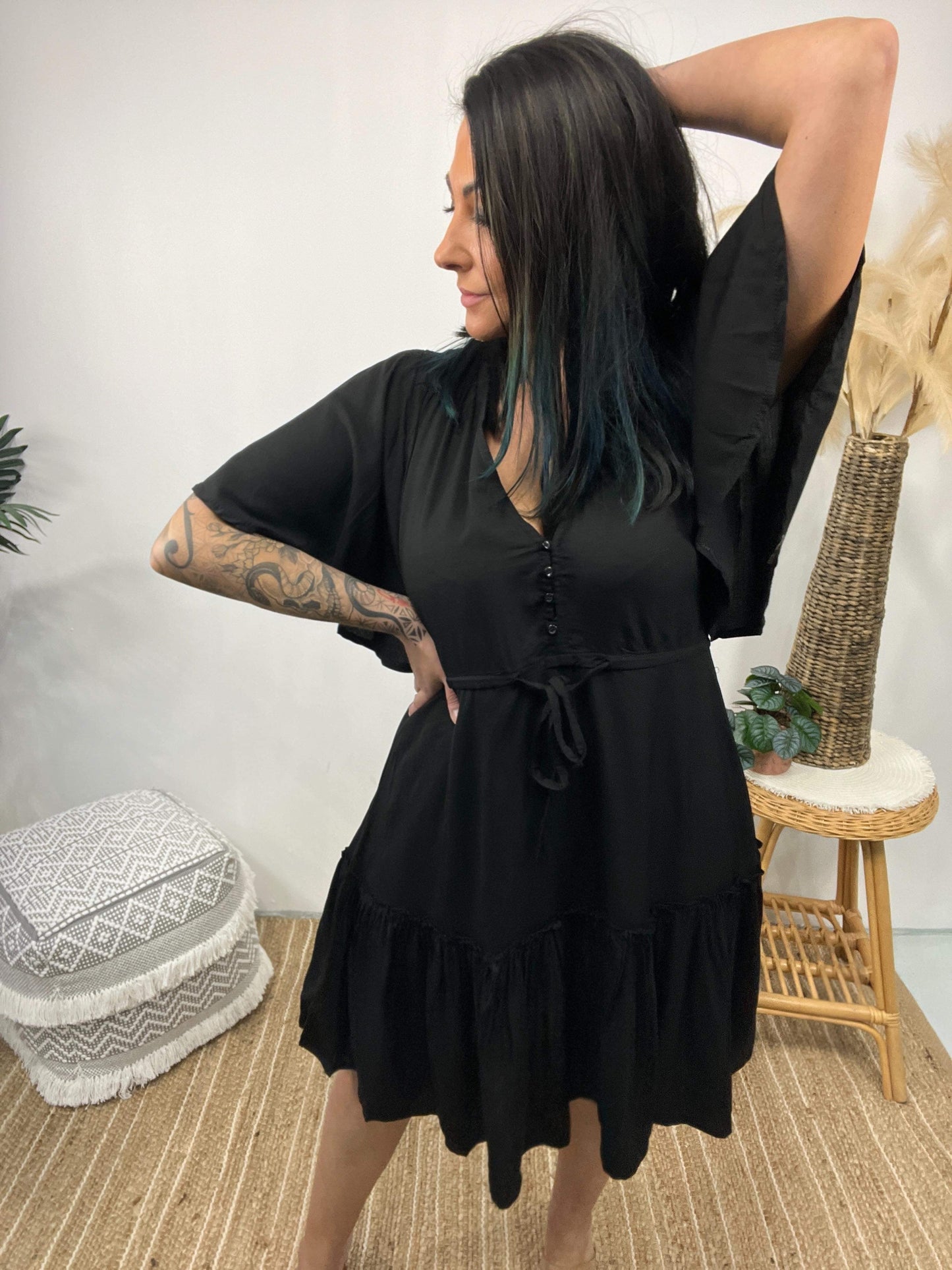 Robe Femme - Imprimé Fleuri - Coupe Évasée - Col V - Manches Courtes Volantes