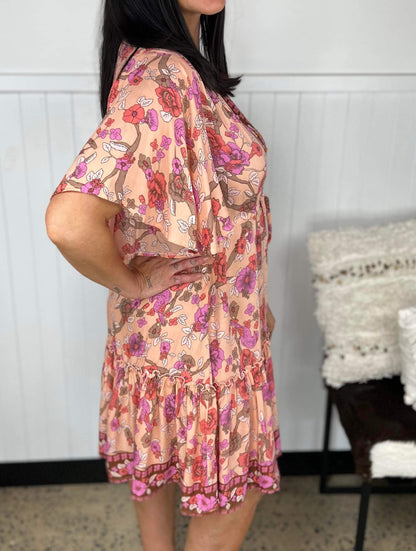 Robe Femme - Imprimé Fleuri - Coupe Évasée - Col V - Manches Courtes Volantes