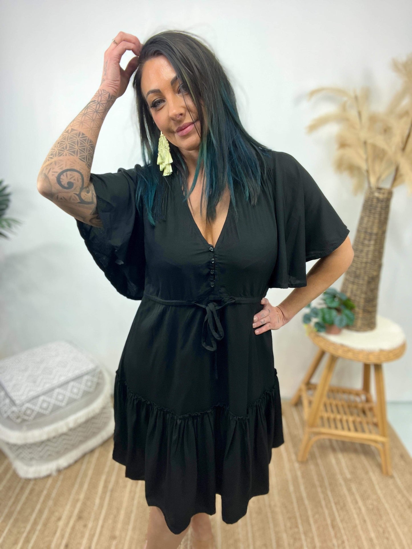 Robe Femme - Imprimé Fleuri - Coupe Évasée - Col V - Manches Courtes Volantes