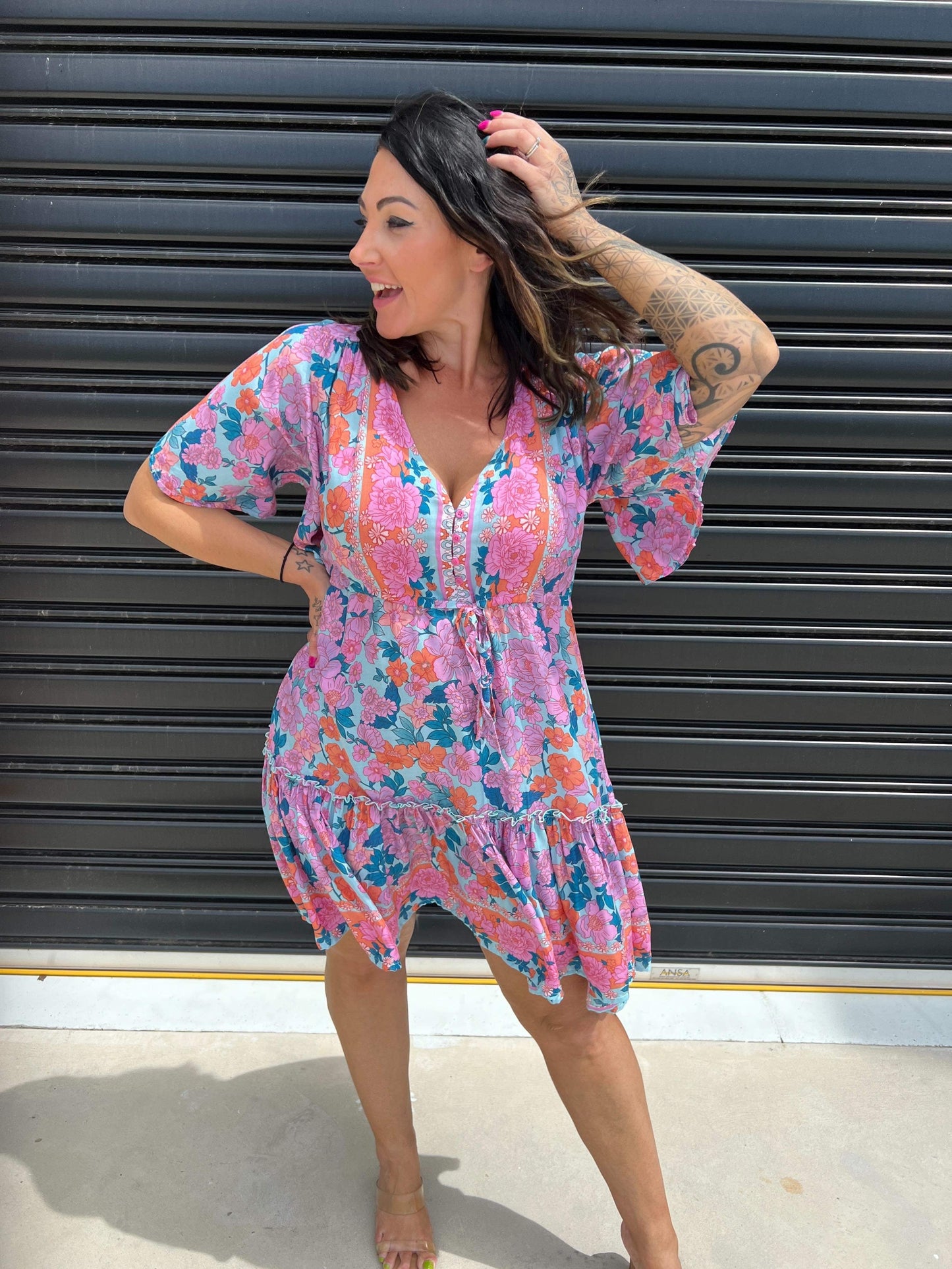 Robe Femme - Imprimé Fleuri - Coupe Évasée - Col V - Manches Courtes Volantes