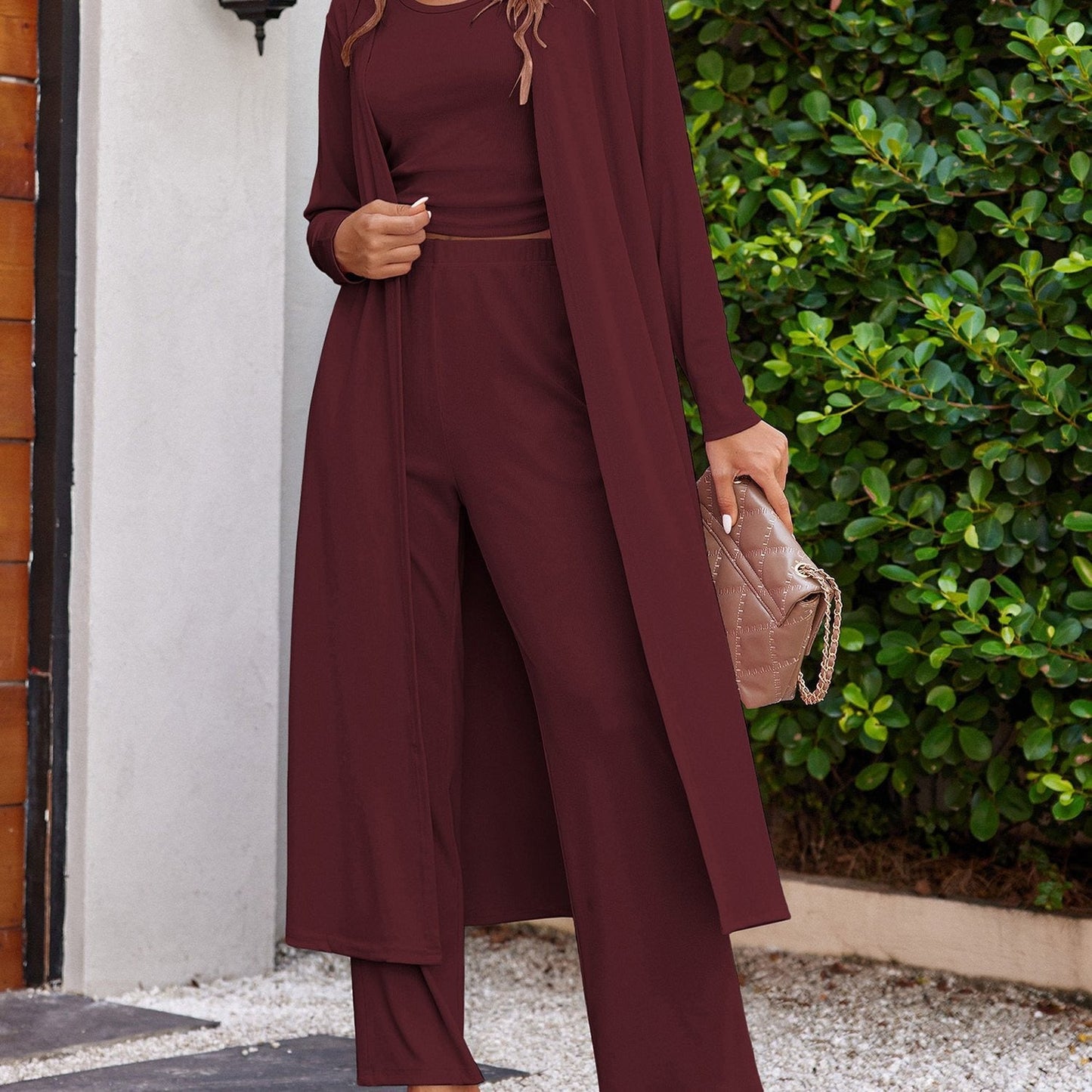 Femme Ensemble Trois Pièces - Maille Légère Côtelée - Coupe Décontractée - Manches Longues