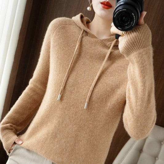 Femme Sweat à Capuche - Maille Fine Côtelée - Coupe Décontractée - Manches Longues