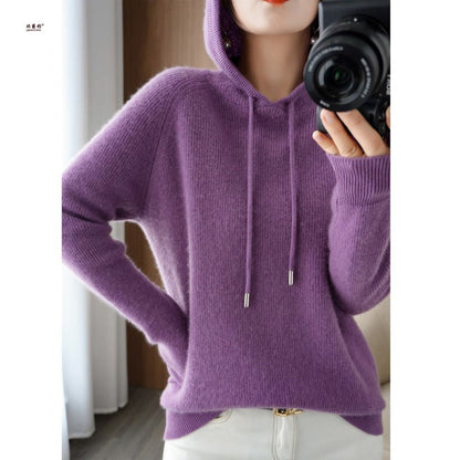Femme Sweat à Capuche - Maille Fine Côtelée - Coupe Décontractée - Manches Longues