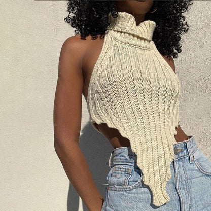 Top femme sans manches – Maille côtelée – Coupe slim – Col montant – Ourlet asymétrique