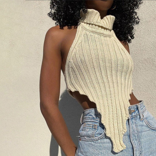 Top femme sans manches – Maille côtelée – Coupe slim – Col montant – Ourlet asymétrique