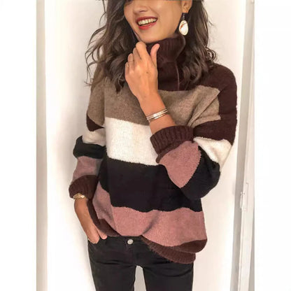 Pull à col roulé femme – Maille laine – Coupe ample – Rayé – Longueur hanches